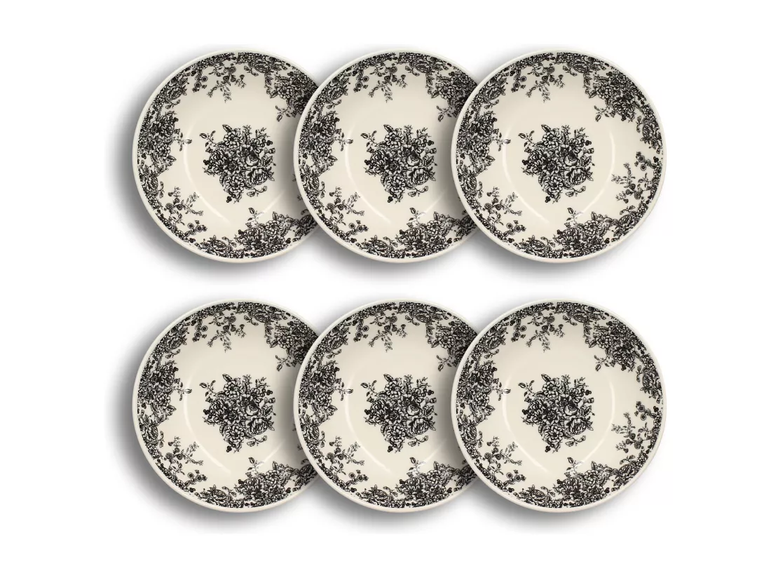 Novastyl - Lot 6 Assiettes Creuses Florali 20.5cm En Gres Decor Noir