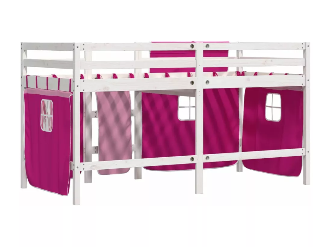 Lit mezzanine enfants et rideaux rose 90x200cm bois pin massif