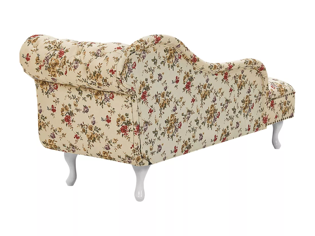 Chaise longue Chesterfield en tissu beige à motif floral côté droit NIMES