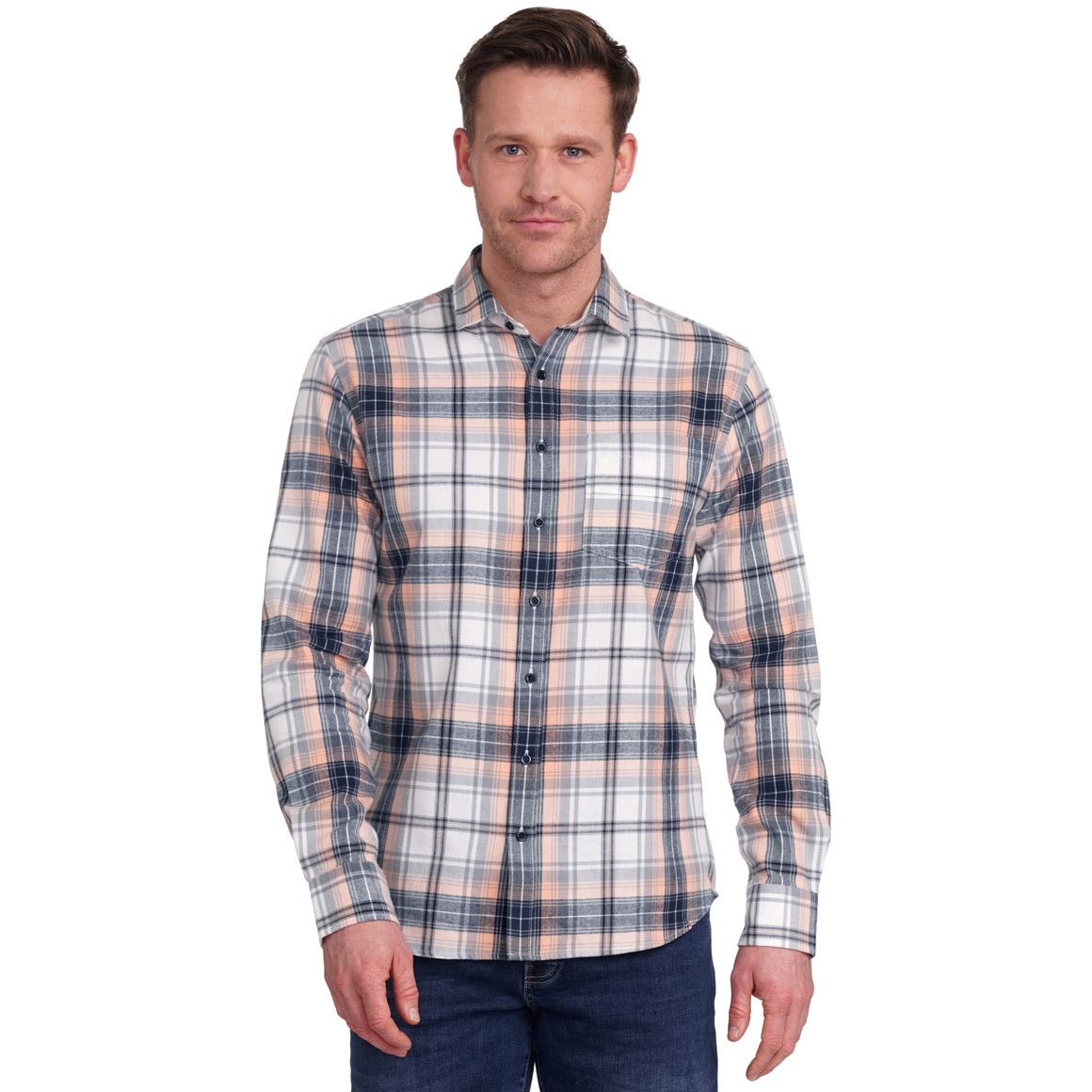 Herren Hemd kariert hellorange / dunkelblau / hellgrau