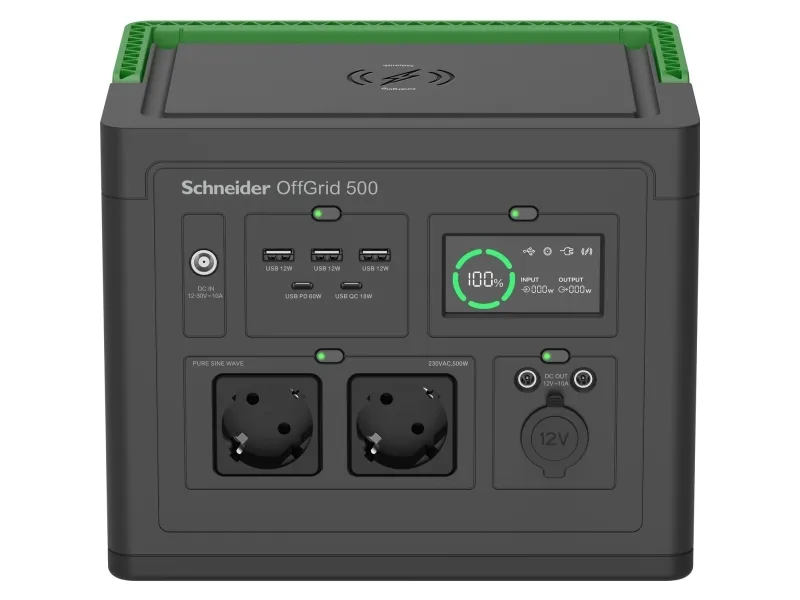 Schneider OffGrid 500 - Transportabel strømstation - LCD, lithium-ion, 2 CEE 7/3 schuko stik, sinusbølge, 3 USB-A, 2 USB-C, trådløs oplader - AC 195 - 265 / DC 12 -30 V - 500 Watt - Litiumion - 517 Wh - output-stikforbindelser: 2 - sort, grøn