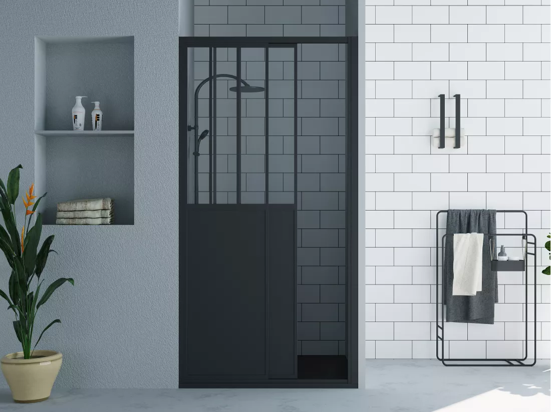 Porte de douche coulissante noir mat style atelier - 100 x 195 cm - URBANIK