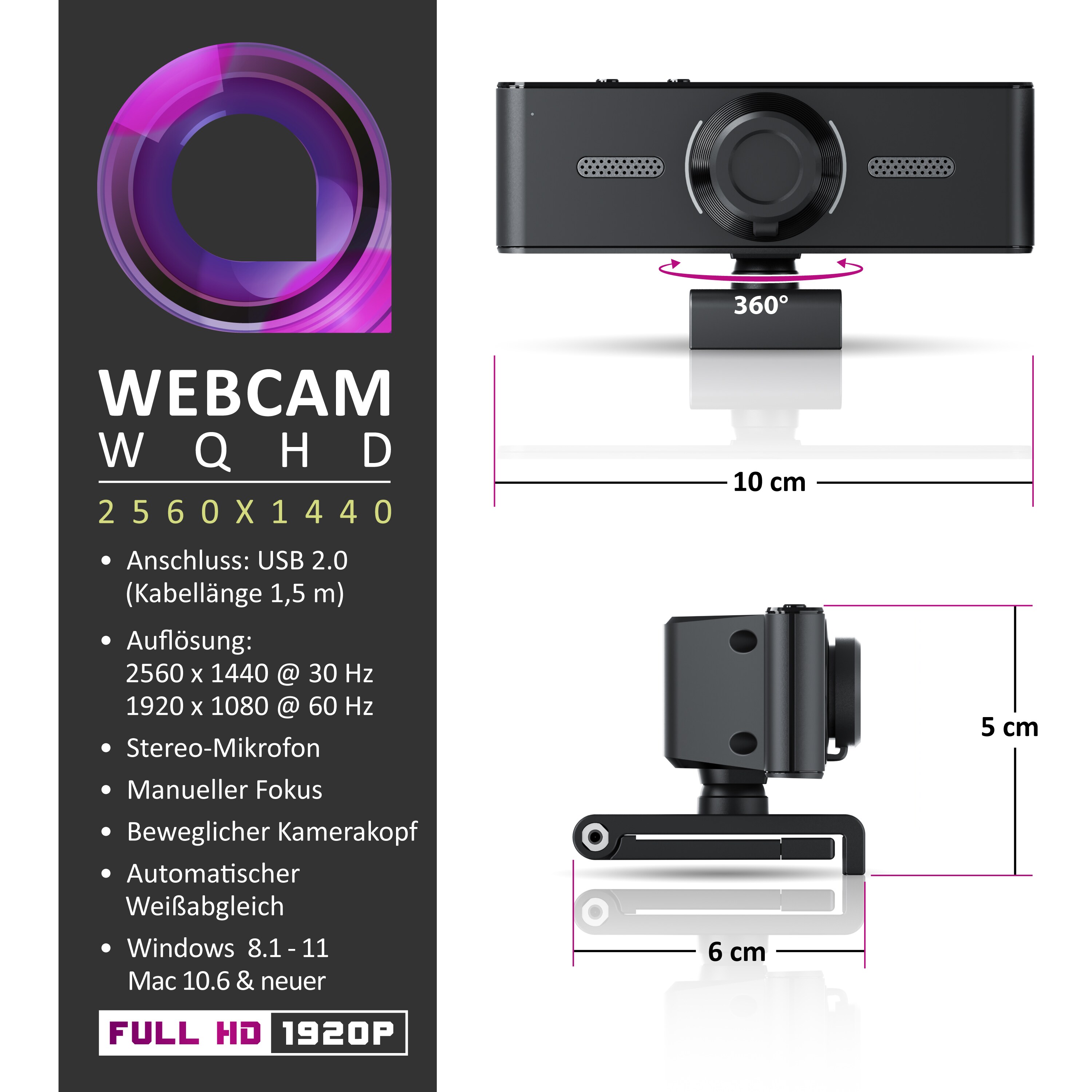 Aplic Webcam 2K - 1440p - 2560 x 1440 @ 30 Hz - Full-HD mit 60 Hz - manueller Fokus - Dual Mikrofone - Stativgewinde 1/4 Zoll - schwenkbare Halterung