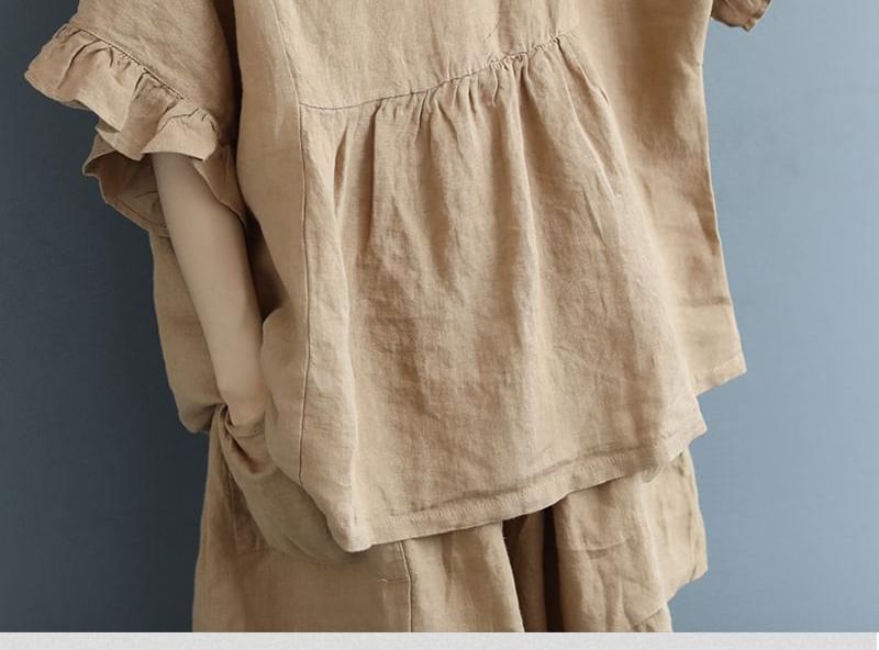 ZIMO - Set: Blouse met V-hals, elleboogmouwen en ruches + Shorts met elastische taille