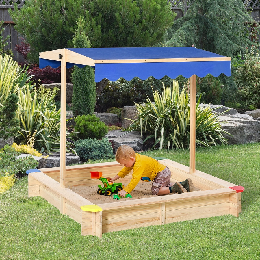 Outsunny Sandkiste mit verstellbarem Dach naur, blau