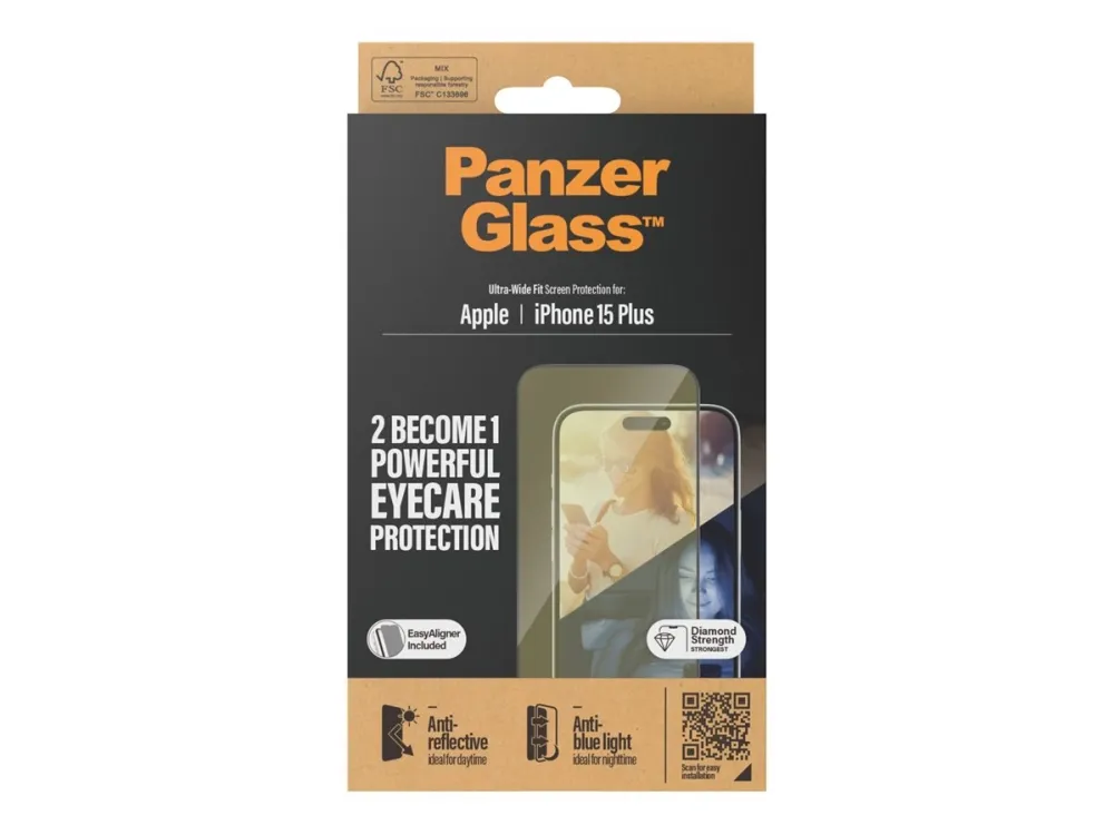 PanzerGlass™ | Ultra-Wide Fit - Skærmbeskyttelse til mobiltelefon - EyeCare Protection | Apple iPhone 15 Plus