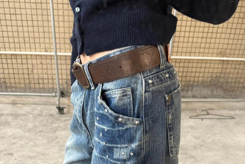 Coline - Mid Rise Washed Studded Wide Leg Jeans