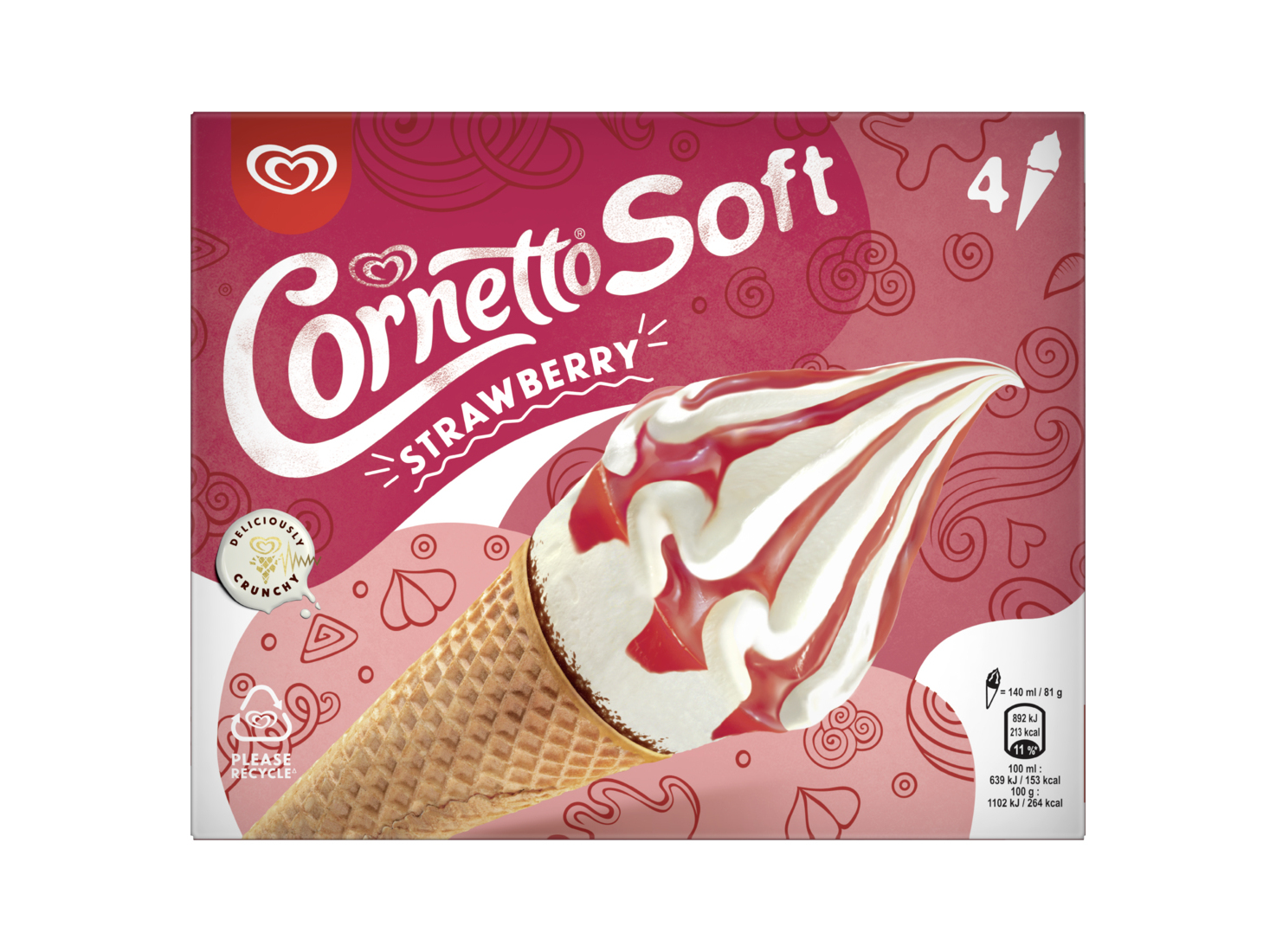 GELADO MULTIPACK CORNETTO SOFT MORANGO 4X140ML