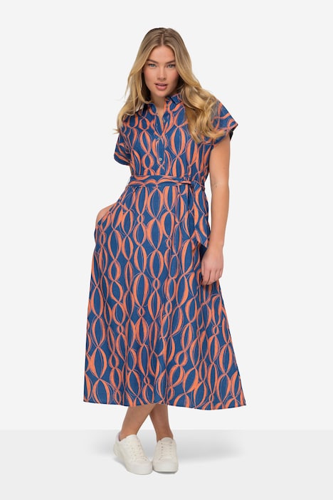 Leinenmix-Kleid, Allover Print, Hemdkragen, Taillengürtel, Halbarm