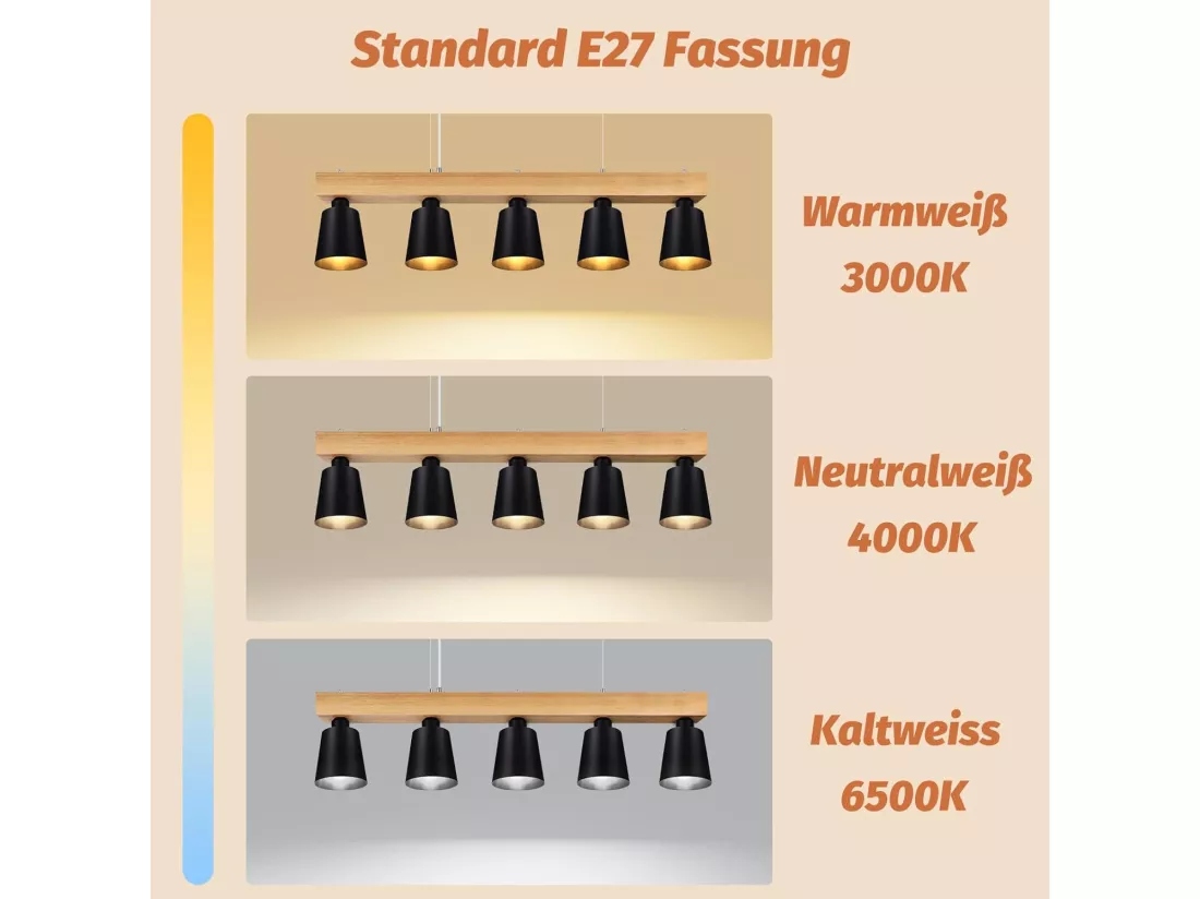 NETTLIFE Suspension 5 Ampoules E27 Noir Diam.102cm Moderne Métal et Bois Lampe de salle à Manger pour Chambre Cuisine Couloir