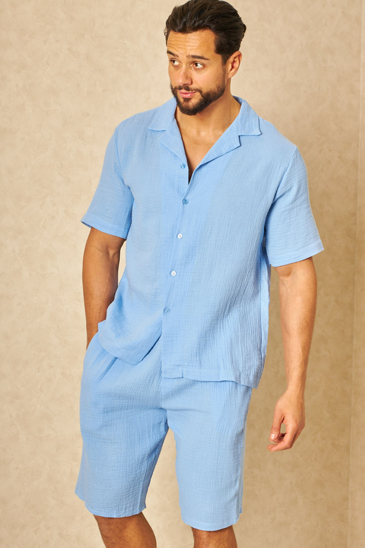 Ensemble 2 pièces chemise + short effet lin bleu ciel