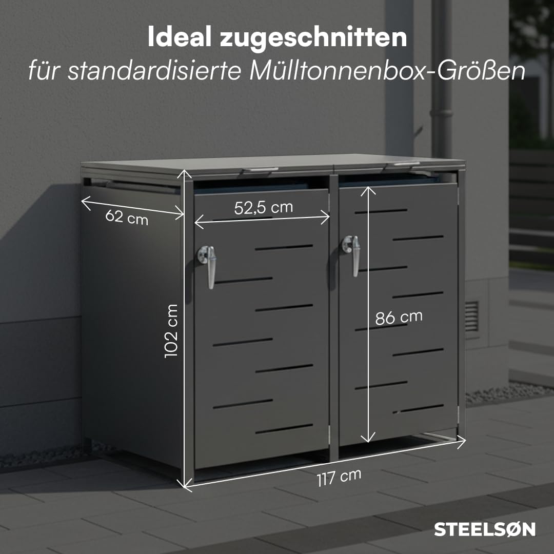 STEELSØN Mülltonnenbox 2er 120L abschließbar – Hochwertige Mülltonnenverkleidung für 2 Tonnen – Müllbox Stahl – Müllcontainer Schwarz - Mülltonnen Box wetterfest – Gerätebox mit Schloss