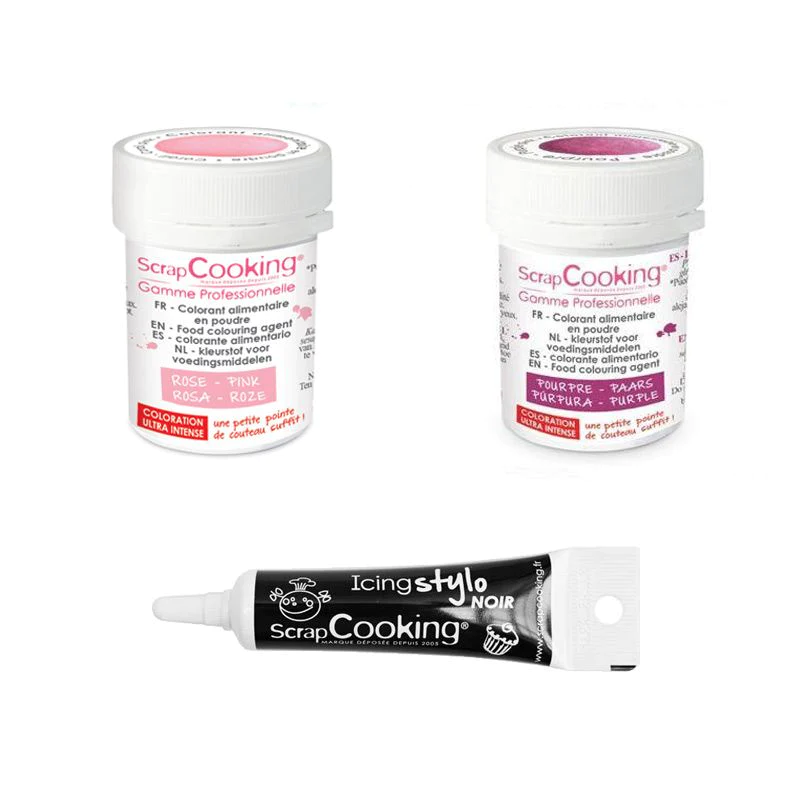 2 colorants alimentaires pourpre-rose poudré + Stylo glaçage noir Scra