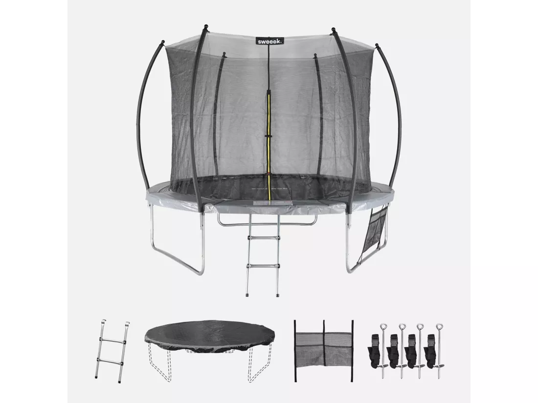 Trampoline Ø 305cm - Mars Inner XXL- trampoline de jardin gris avec filet de protection intérieur. échelle. bâche. filet pour chaussures et kit d'ancrage 3.05m 305cm