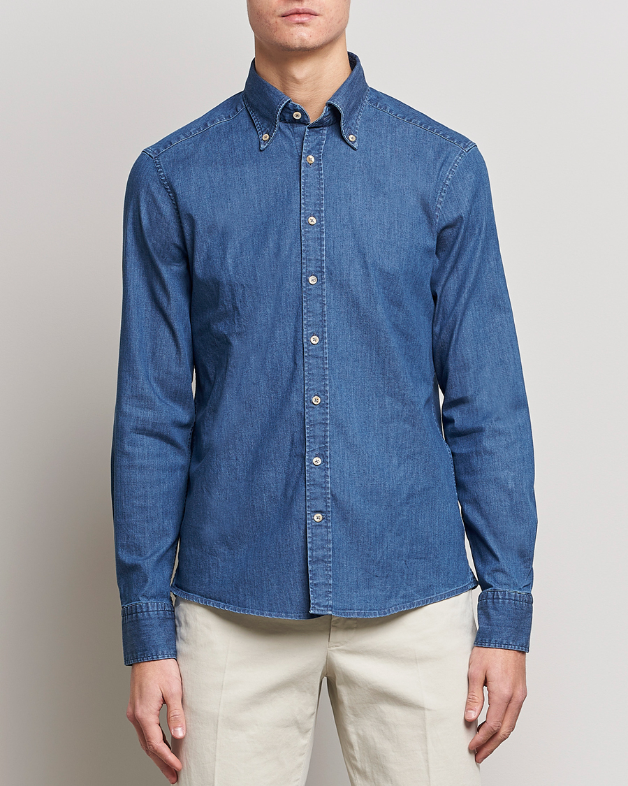 Stenströms Slimline Button Down Garment Washed Shirt Mid Blue Denim
