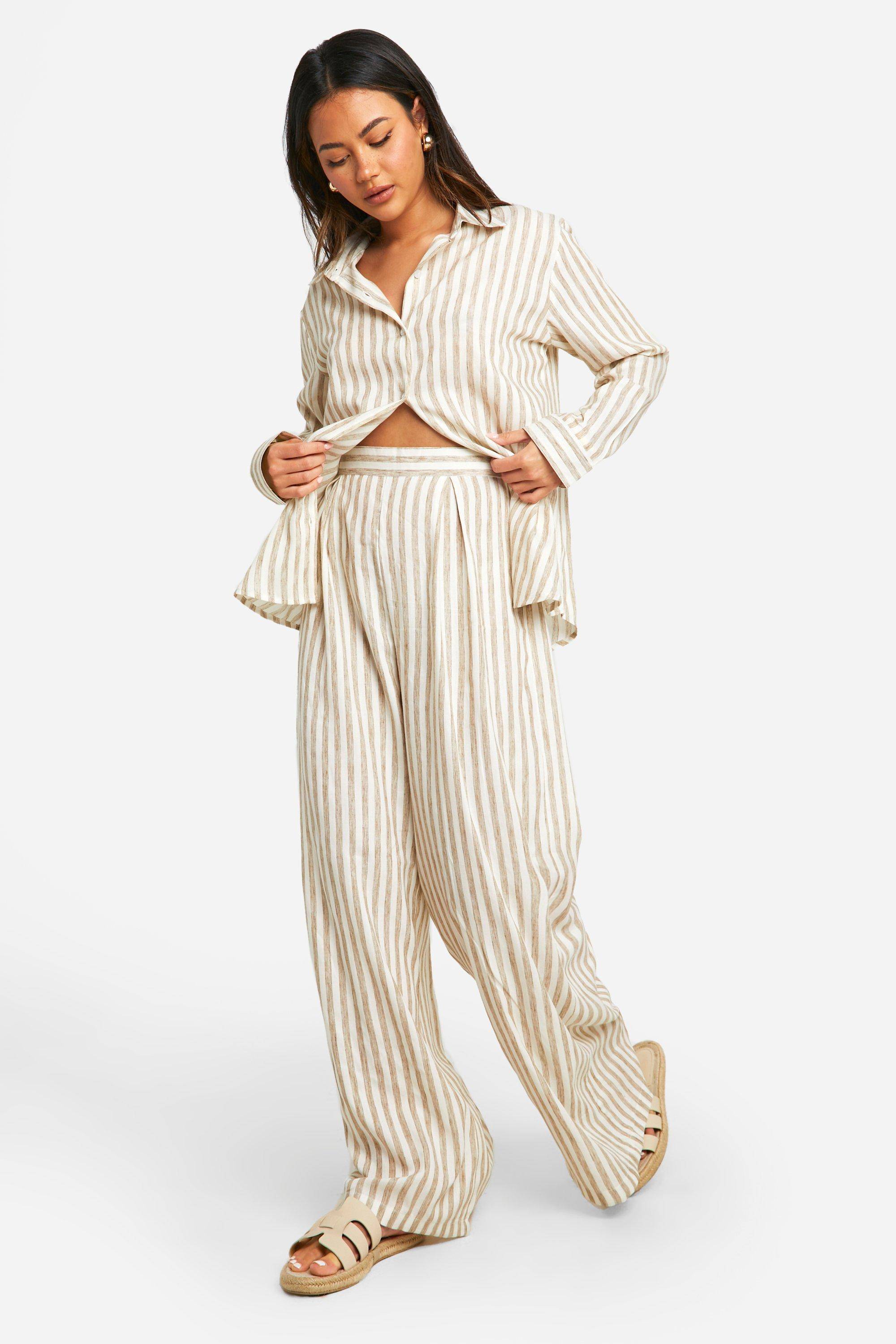 boohoo Pantalon à jambes larges effet lin rayé