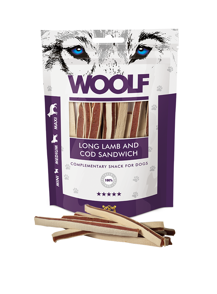 Woolf Long Lamb And Cod Sandwich 100g<br>OBS. nedsatt pga dato 24.08.25