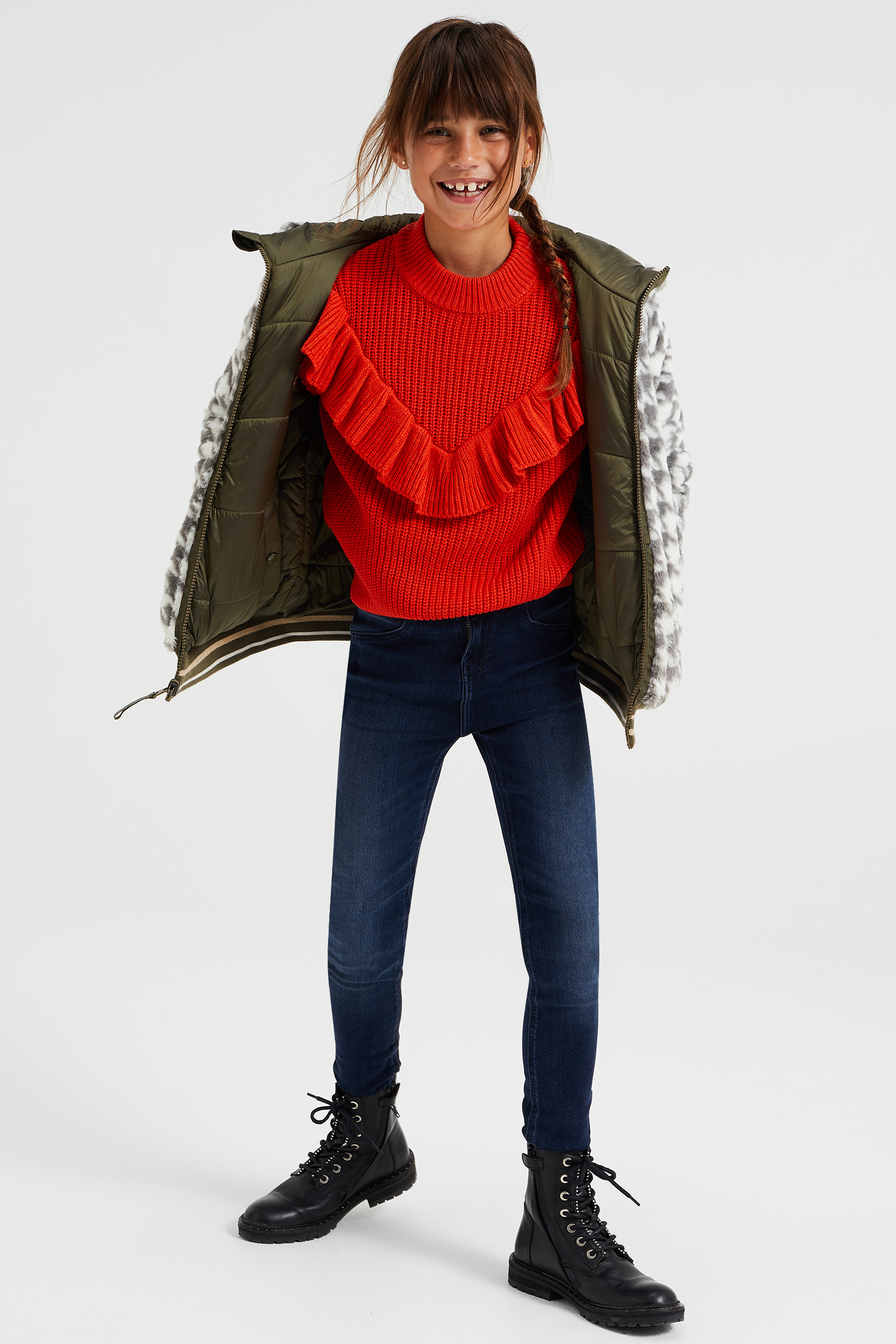 Meisjes reversible jas met imitatiebont en dessin WE Fashion Khaki