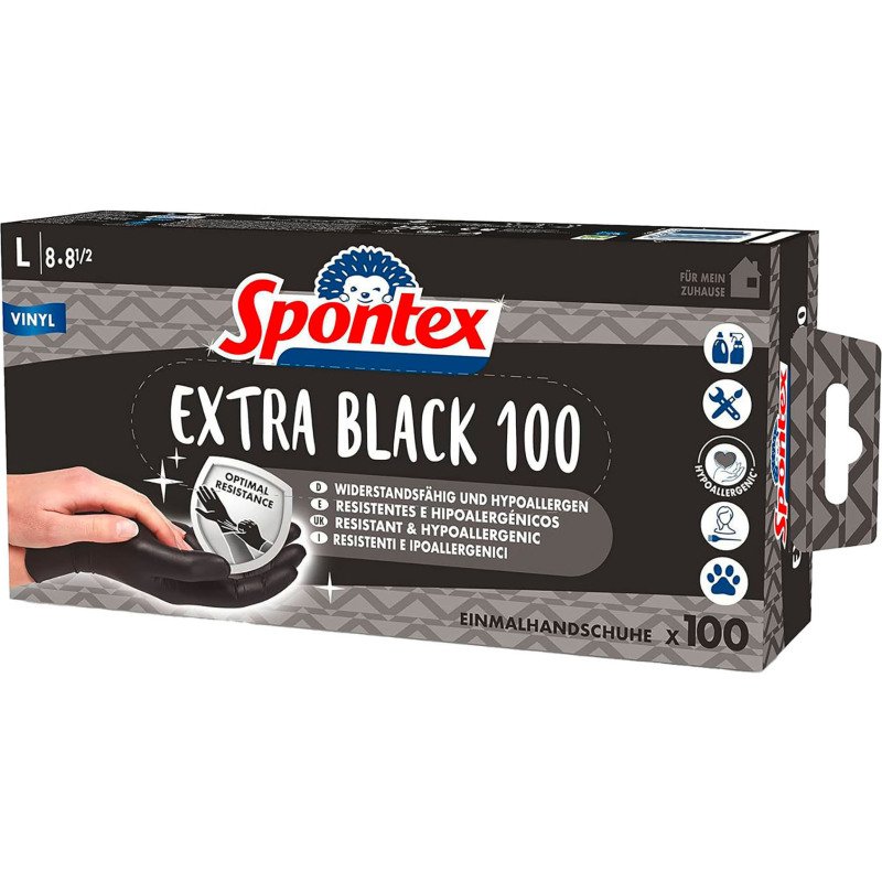 Gants jetables vinyle Extra Black Spontex, non poudré, noir - Boîte de 100 gants