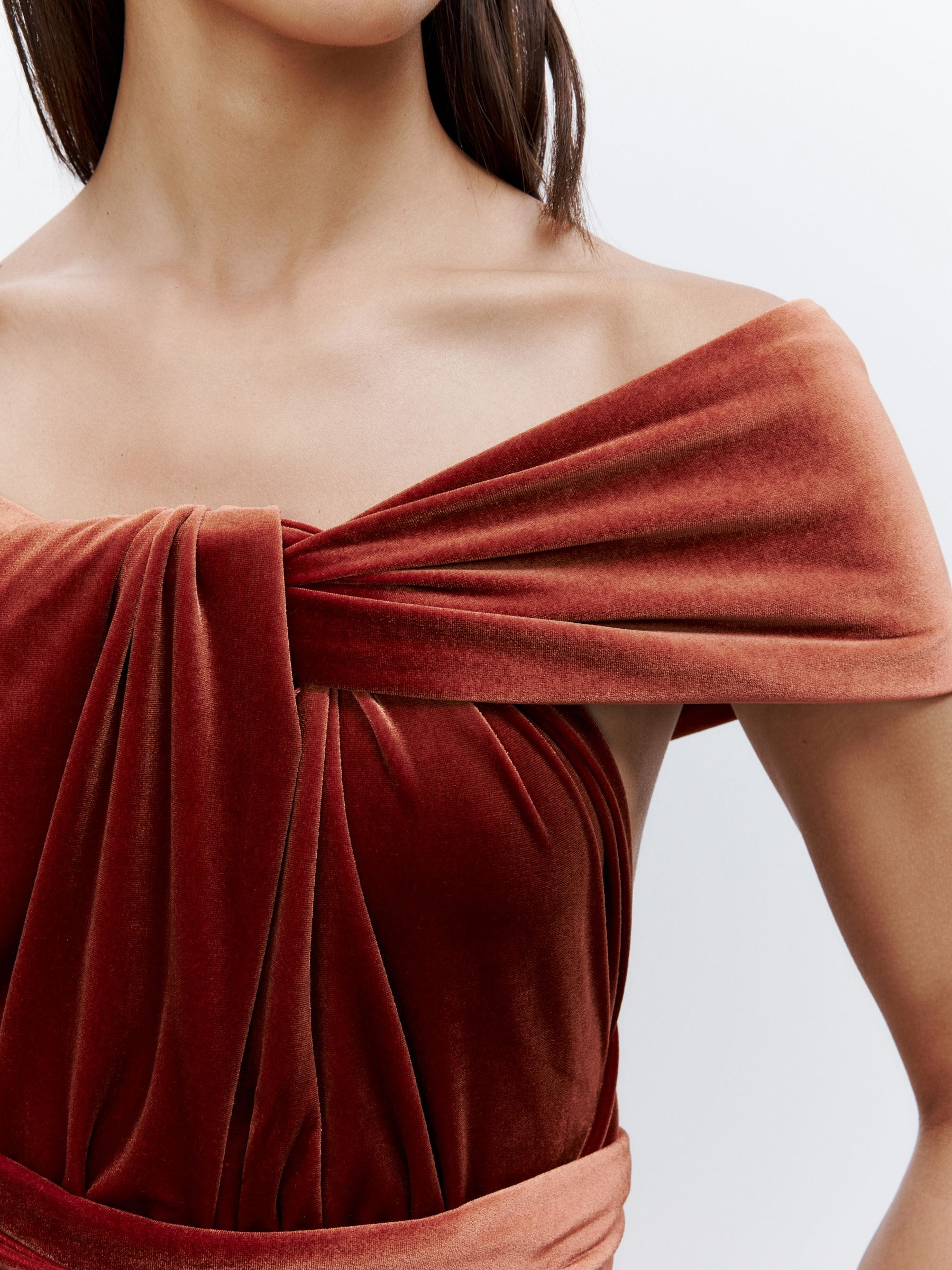 Roestbruin - Fluwelen multiway maxi-jurk voor bruidsmeisjes