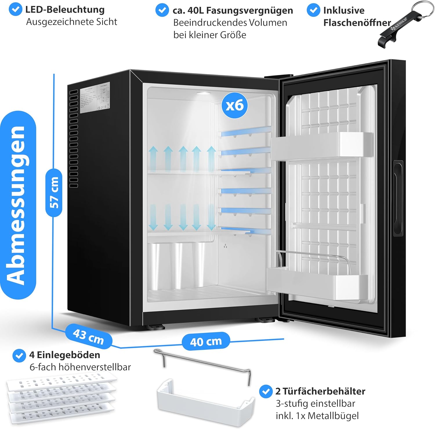 KESSER® Mini réfrigérateur avec Serrure, Mini Bar de 40 l, Silencieux, 22 DB, verrouillable, Chambre à Coucher, butée de Porte Amovible, env. 4 à 16 °C, Hauteur 57 cm, éclairage intérieur