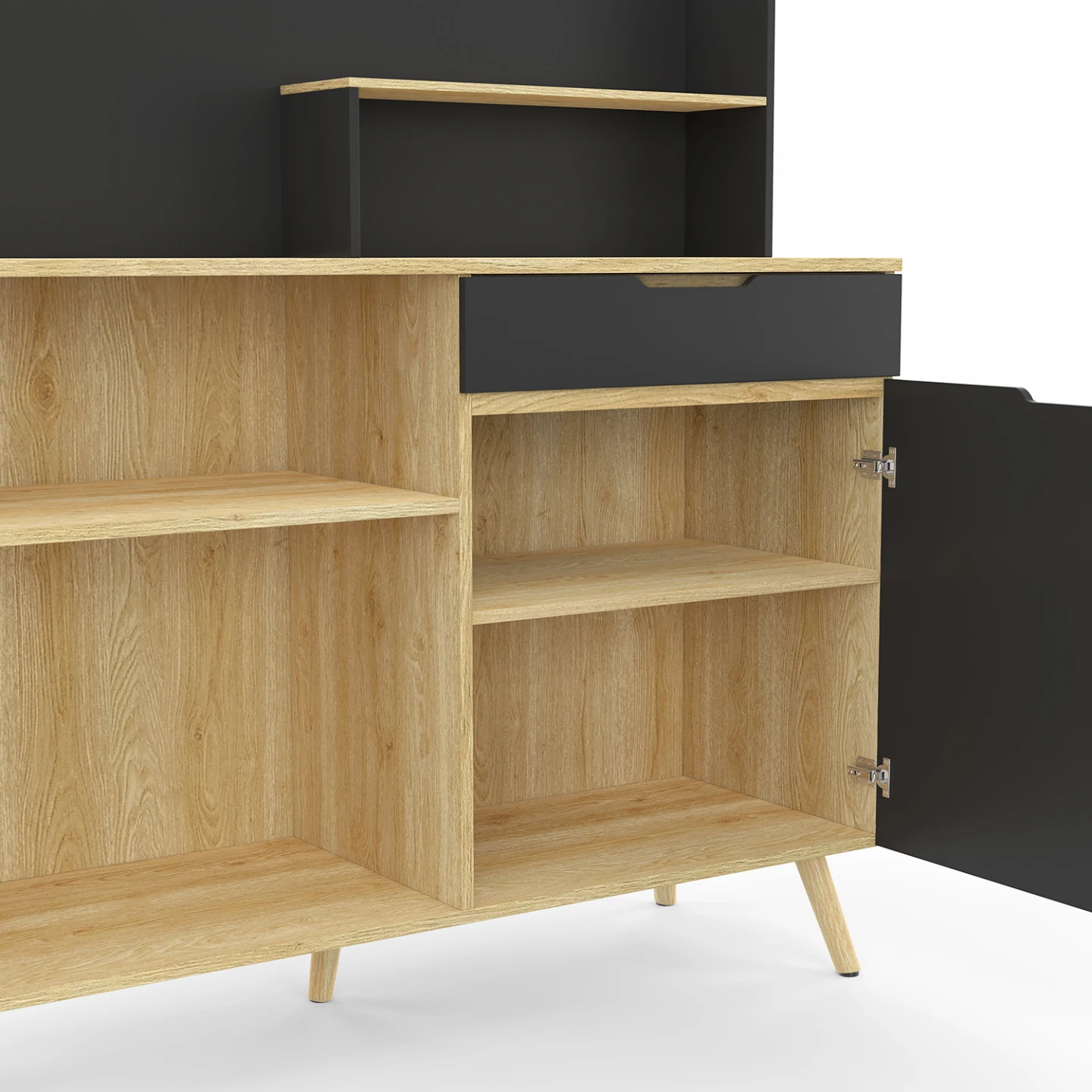 Buffet bas de cuisine 120 CM OLAF plan de travail H.83 cm 1 porte + 1 tiroir façon hêtre et noir