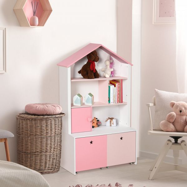Homcom Estante de Madeira Infantil Estante de Livros para Crianças com 4 Compartimentos 1 Porta e 2 Gavetas Removíveis com Rodas para Livros Brinquedos 80x34x130cm Rosa e Branco
