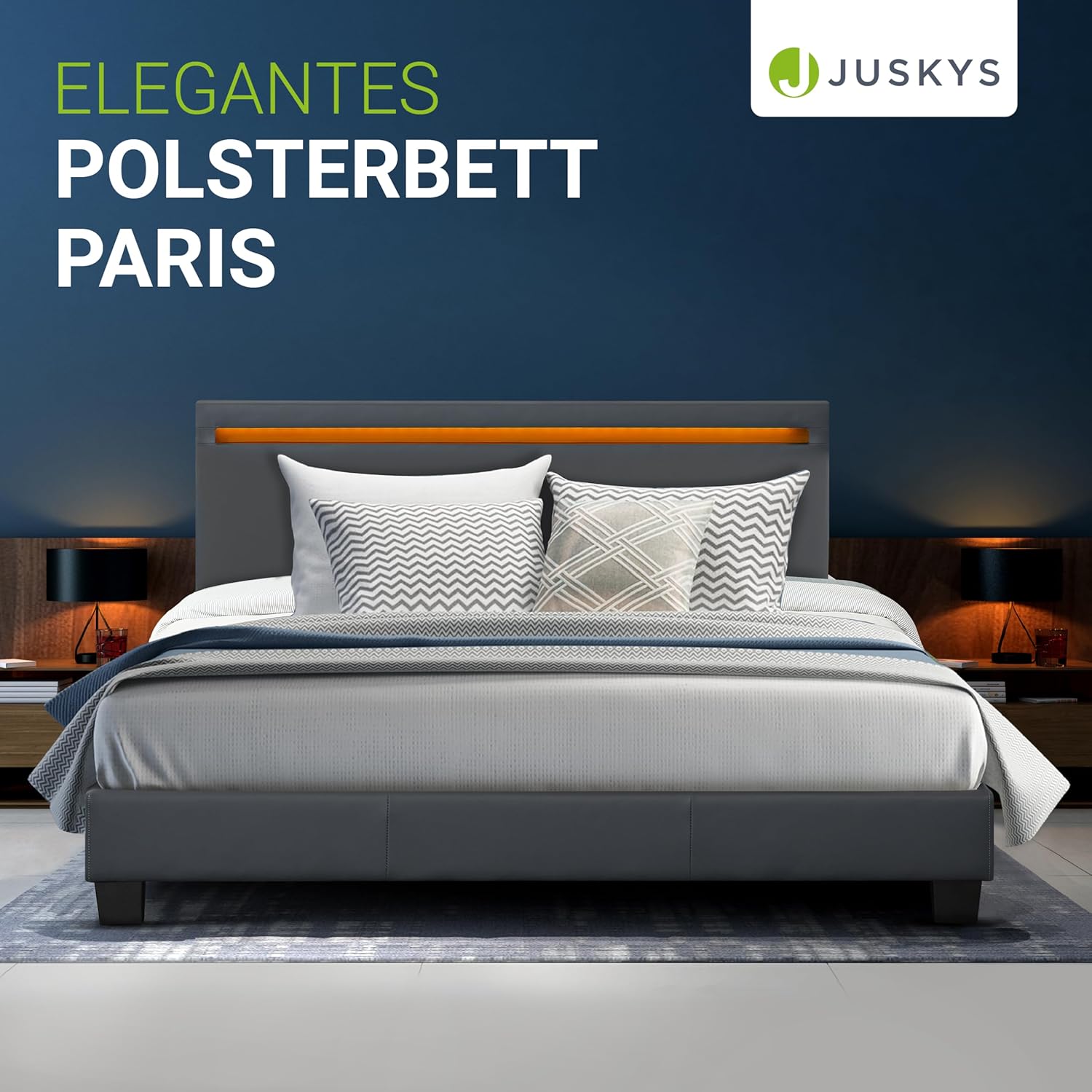 Juskys Polsterbett 140x200 cm – Bett Paris mit LED Beleuchtung, Lattenrost & Kopfteil, modernes Doppelbett aus Kunstleder & Holz – Grau