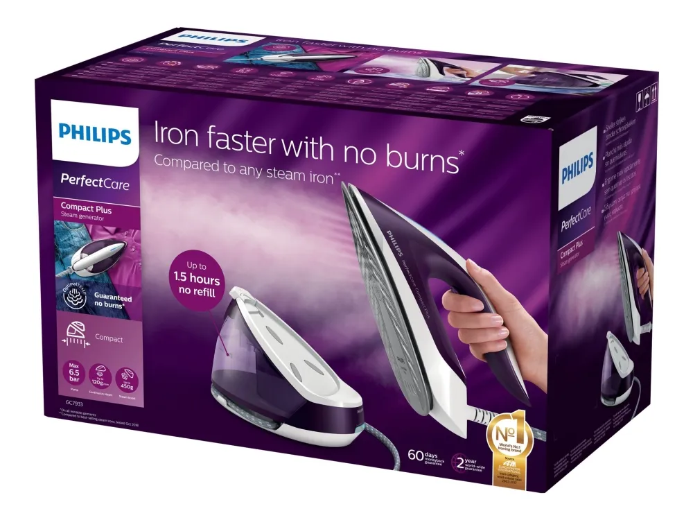 Philips PerfectCare Compact Plus GC7933 - Dampstrygejern med automatisk afbrydelse - såleplade: SteamGlide Plus - 2400 W - magisk lilla