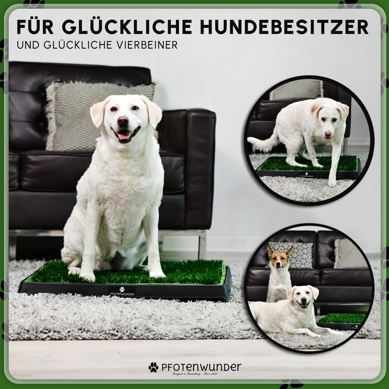 PfotenWunder® Hundeklo XXL 76*51cm, 2 Easy-Wash-Rasen + 1 Büchlein, Hundetoilette für kleine & große Hunde, festes Gras, Welpentoilette drinnen Welpenklo zuhause Gras Hundetoiletten Balkon Indoor WC Klo