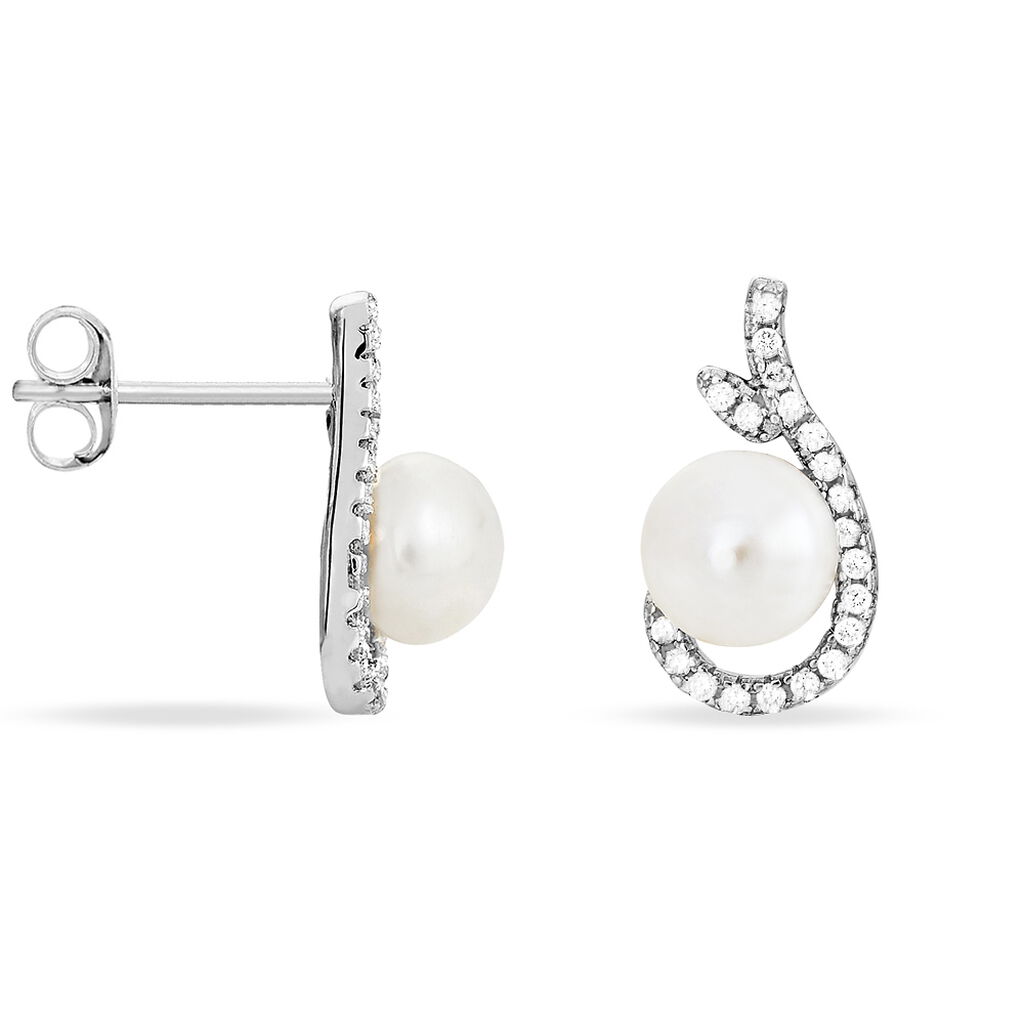 Boucles D'oreilles Puces Cyrana Argent Blanc Perle De Culture Et Oxyde