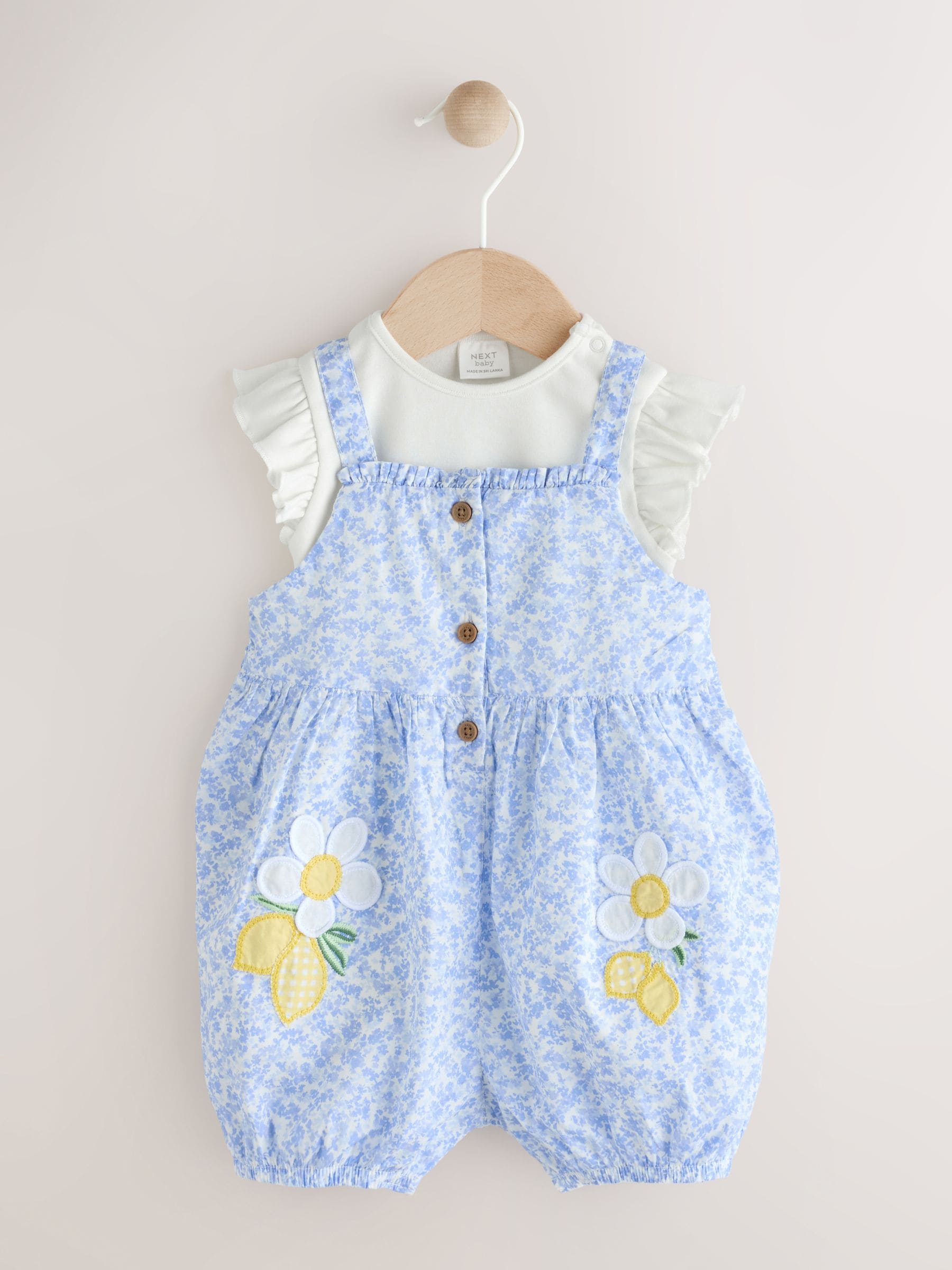 Blauw/wit met bloemenprint - Babyset van rompertje met korte mouwen en bretelbroek (0mnd -2jr)