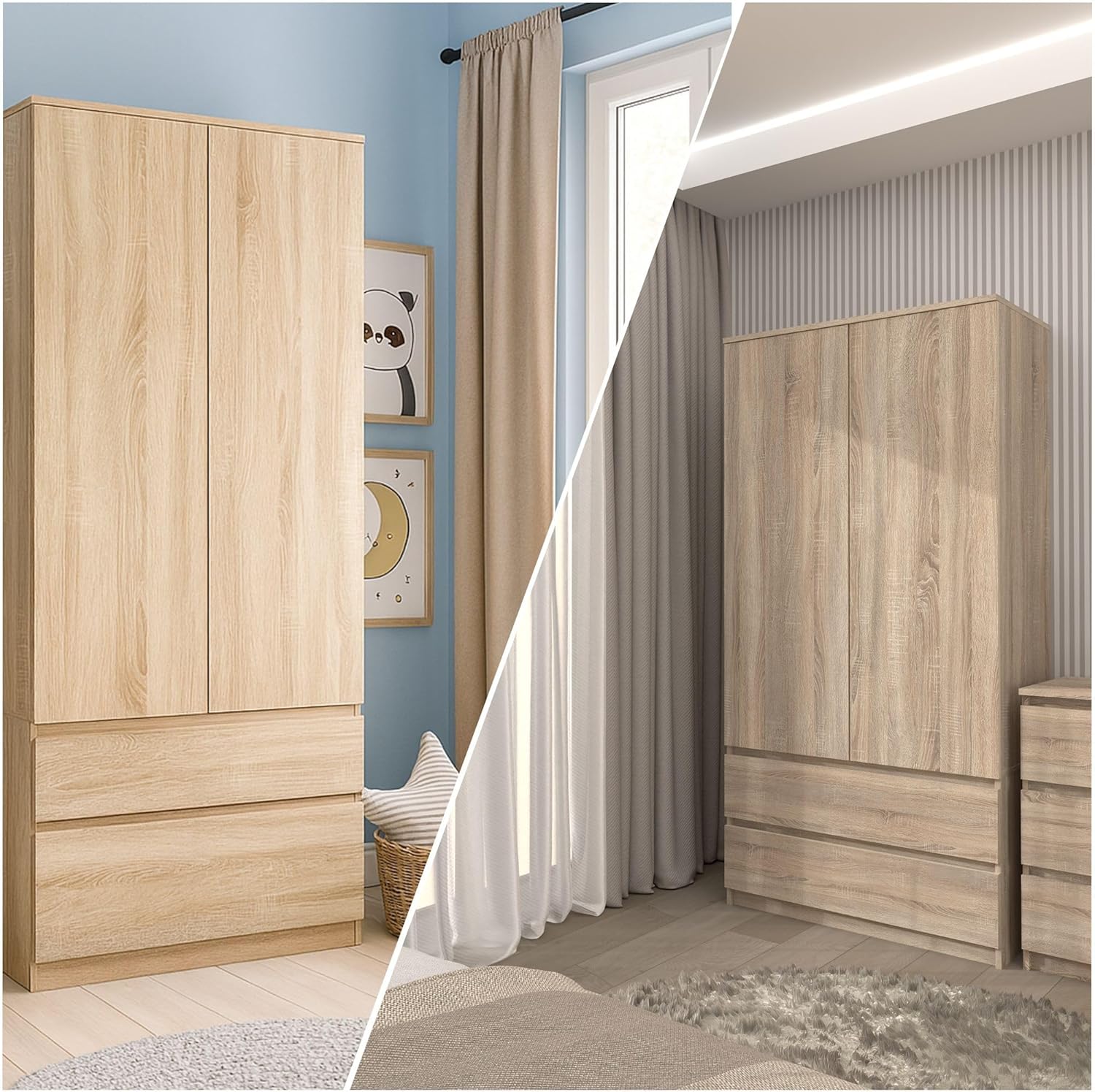 CDF Kleiderschrank 90cm Breit Kinderzimmer Schlafzimmer 2 Schubladen 2-türig Kleiderschrank Eiche Sonoma Zweitüriger Moderne Schrank Alles für Montage Inklusive Garderobenschrank Klamotten Spielzeuge
