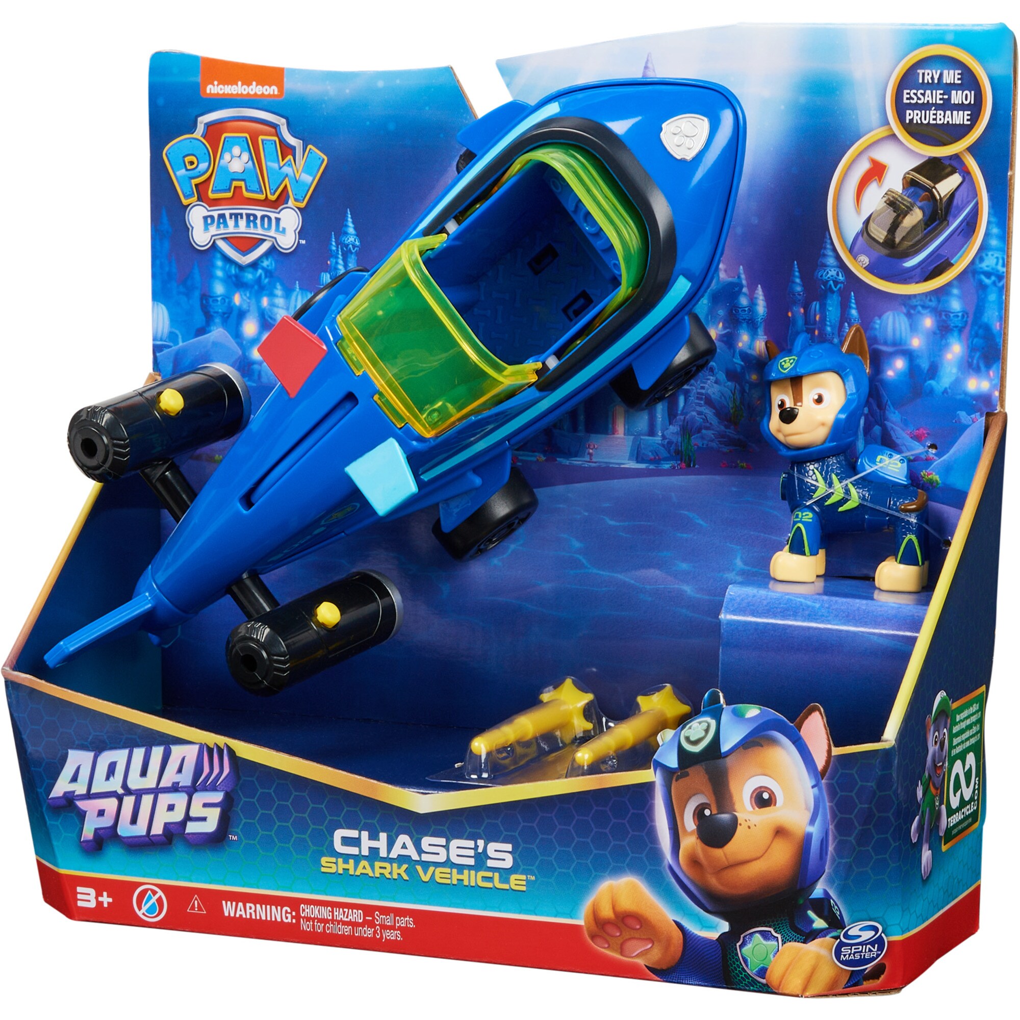 Spin Master Spielfahrzeug Paw Patrol Aqua Pups - Basis Fahrzeug im Hai-Design mit Chase-Welpenfigur