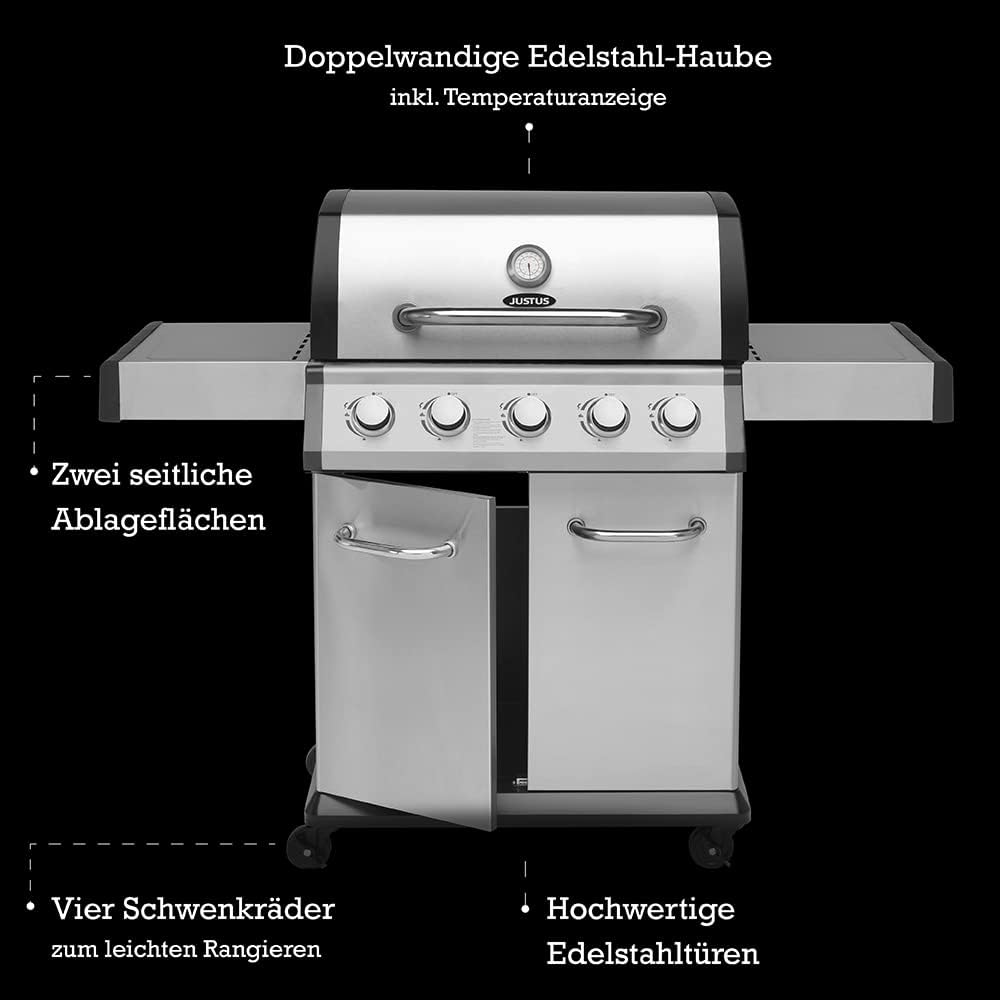 JUSTUS 5-Brenner Gasgrill Geras Grillwagen mit Edelstahl-Brenner – Grill mit Seitentischen und Guss-Grillrost, Piezozündung, 141 x 57 x 112 cm, Schwarz