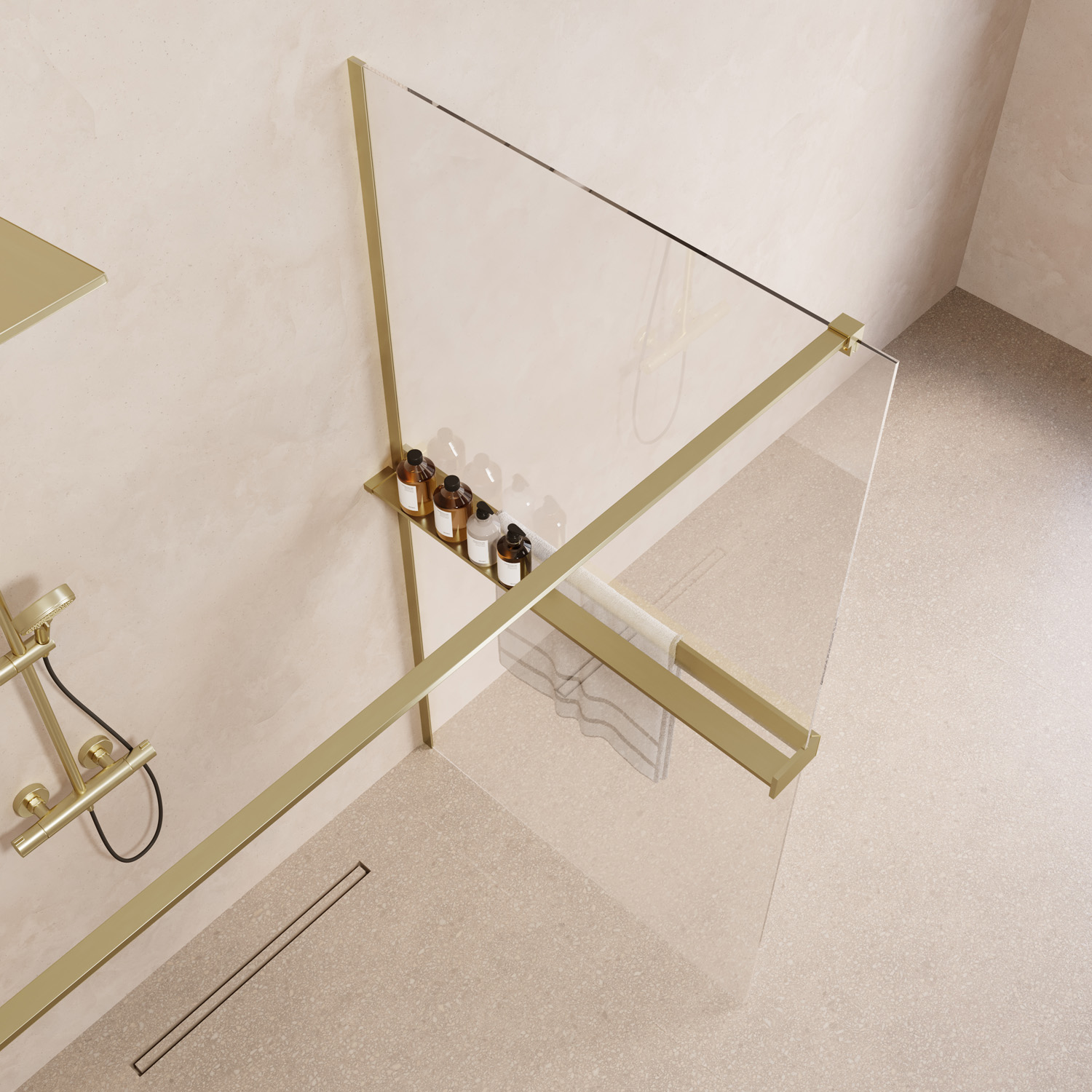 Saniclear Metric inloopdouche 100cm met handdoekhouder en helder glas geborsteld messing - mat goud