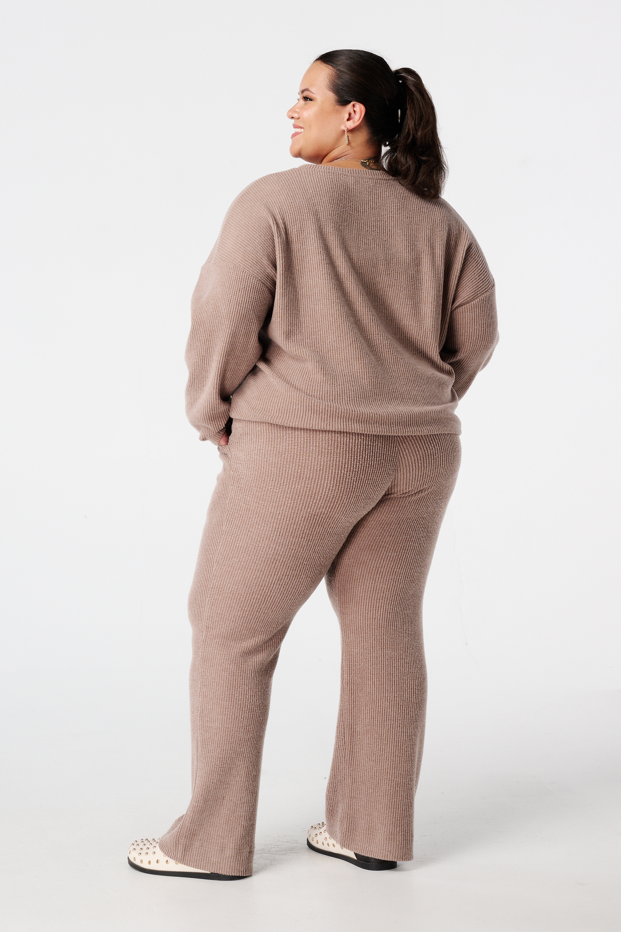 Rechte broek met elastieke taille Donker zand
