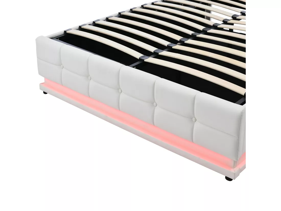 Lit coffre 140x200 cm avec tête de lit carré, éclairage LED et coffre de lit, relevage hydraulique, sommier à lattes, lit adulte style contemporain, simili cuir - Blanc