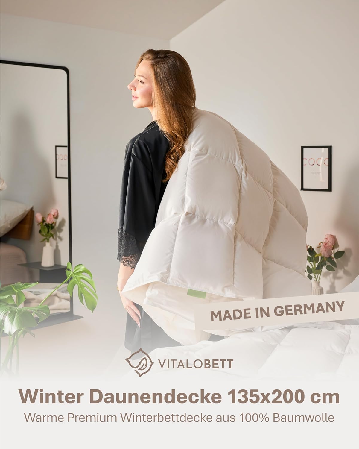 Winter Bettdecke 135x200 cm mit 100% extraweicher Daunenfüllung 1080g - Daunendecke mit Baumwoll-Bezug, Atmungsaktiv & waschbar bis zu 60°C, Ökotex-Zertifiziert