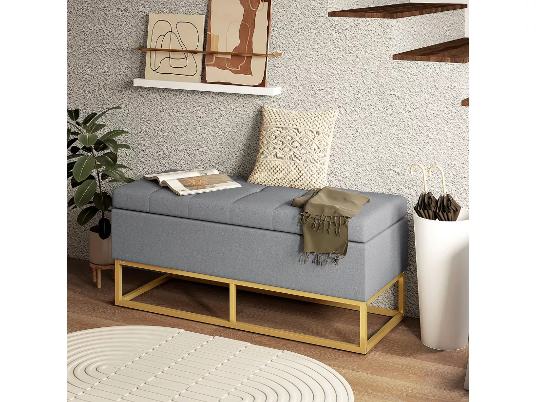 Banc banquette coffre de rangement 2 en 1 piètement acier doré assise capitonnée tissu gris