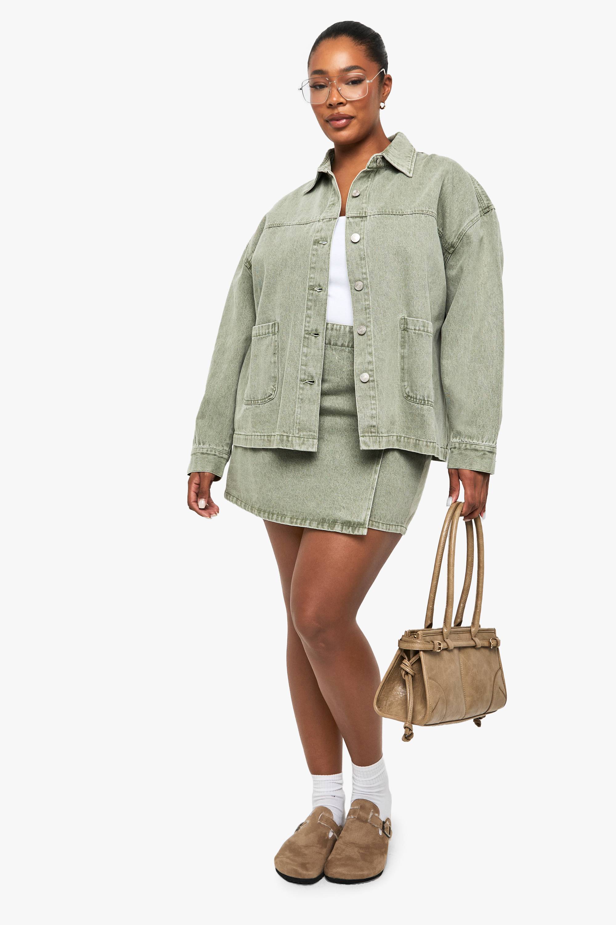 boohoo Jupe en denim khaki délavé Plus