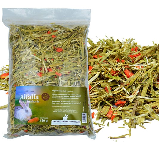 Feno de alfafa com cenoura - Saco de 150g - Alimento complementar 100% natural para coelhos, porquinhos-da-índia e chinchilas