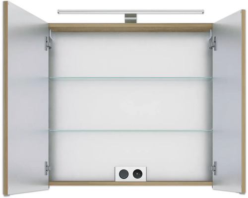 Pelipal Sunline 114 badkamermeubelset, BxHxD 112 x 200 x 46 cm, frontkleur: Riviera eiken, 4-delige badkamermeubelset met witte keramische wastafel en badmeubel, spiegelkast met LED-verlichting, wandkast