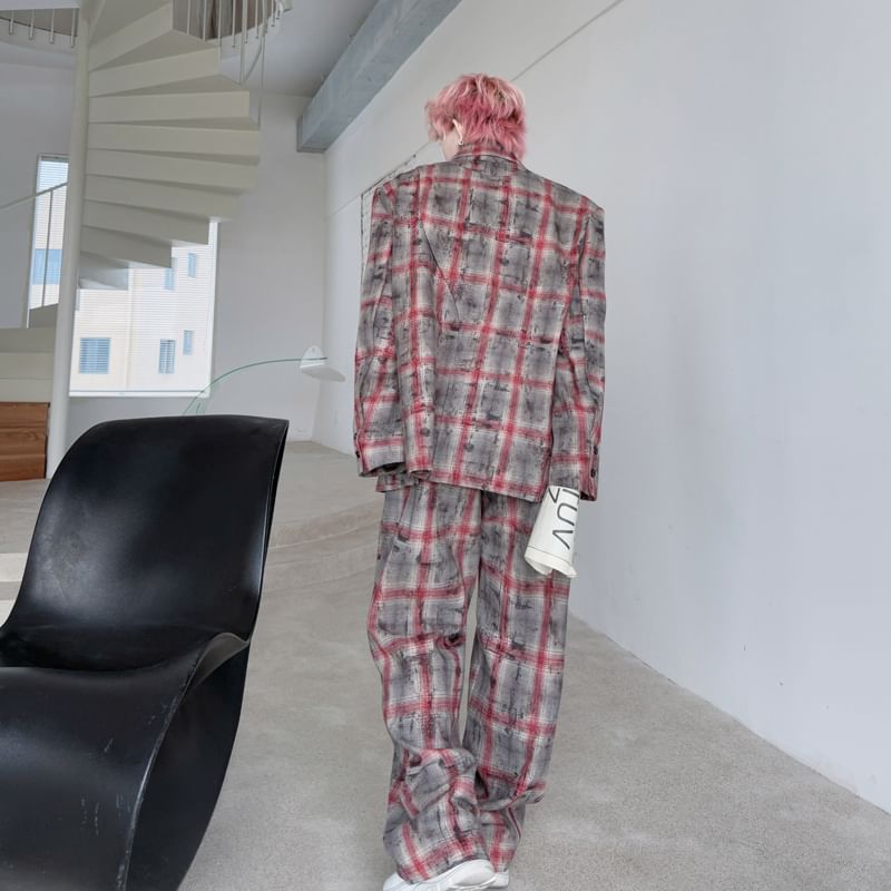 Patow - Set: Reverskraag geruite dubbelrijs blazer + middelhoge wijde broek