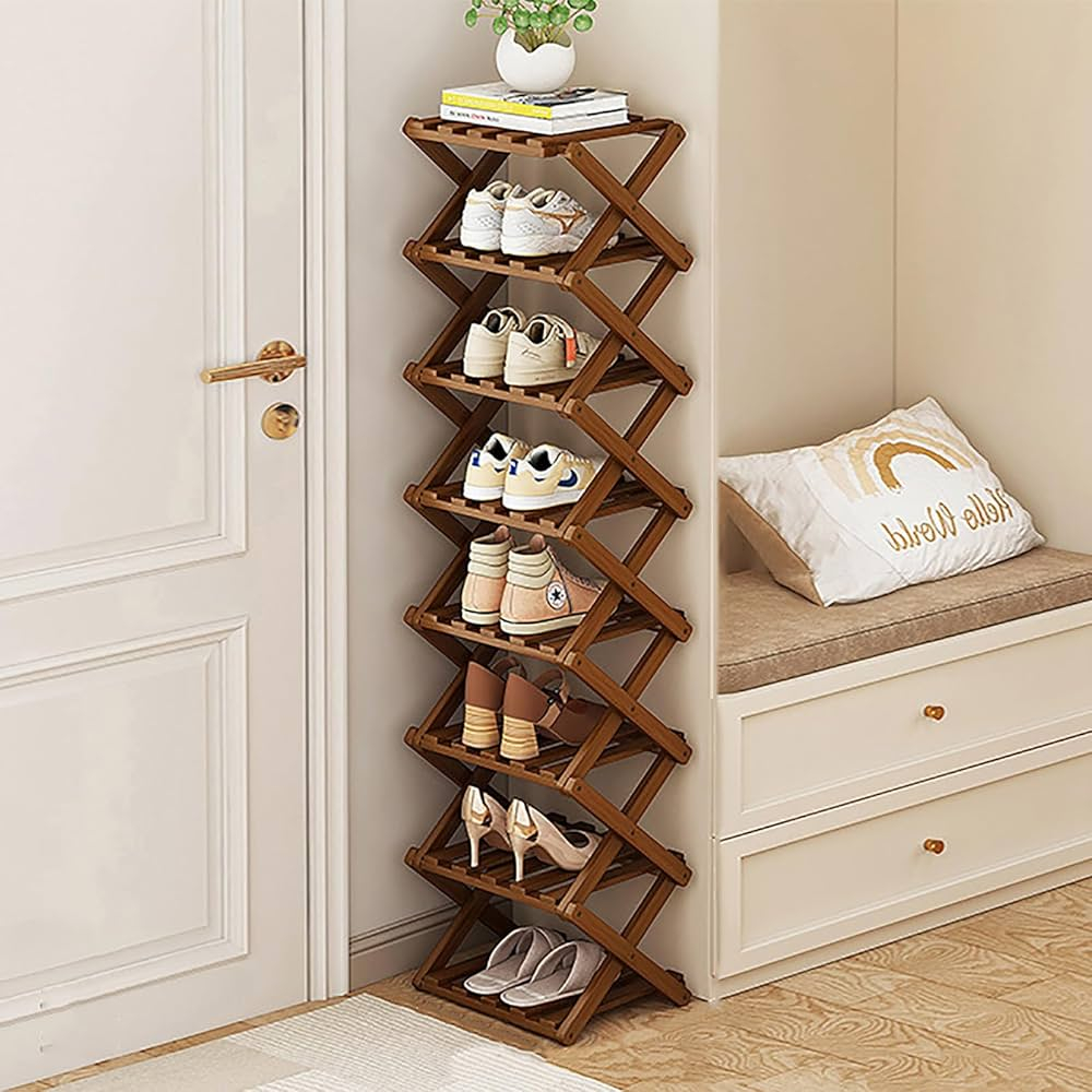 (122x27cm) Klappbares Bambus Schuhregal Aufbewahrungs Regal Organizer Ablage für Hausschuhe / Bücher / Deko - Dunkelbraun