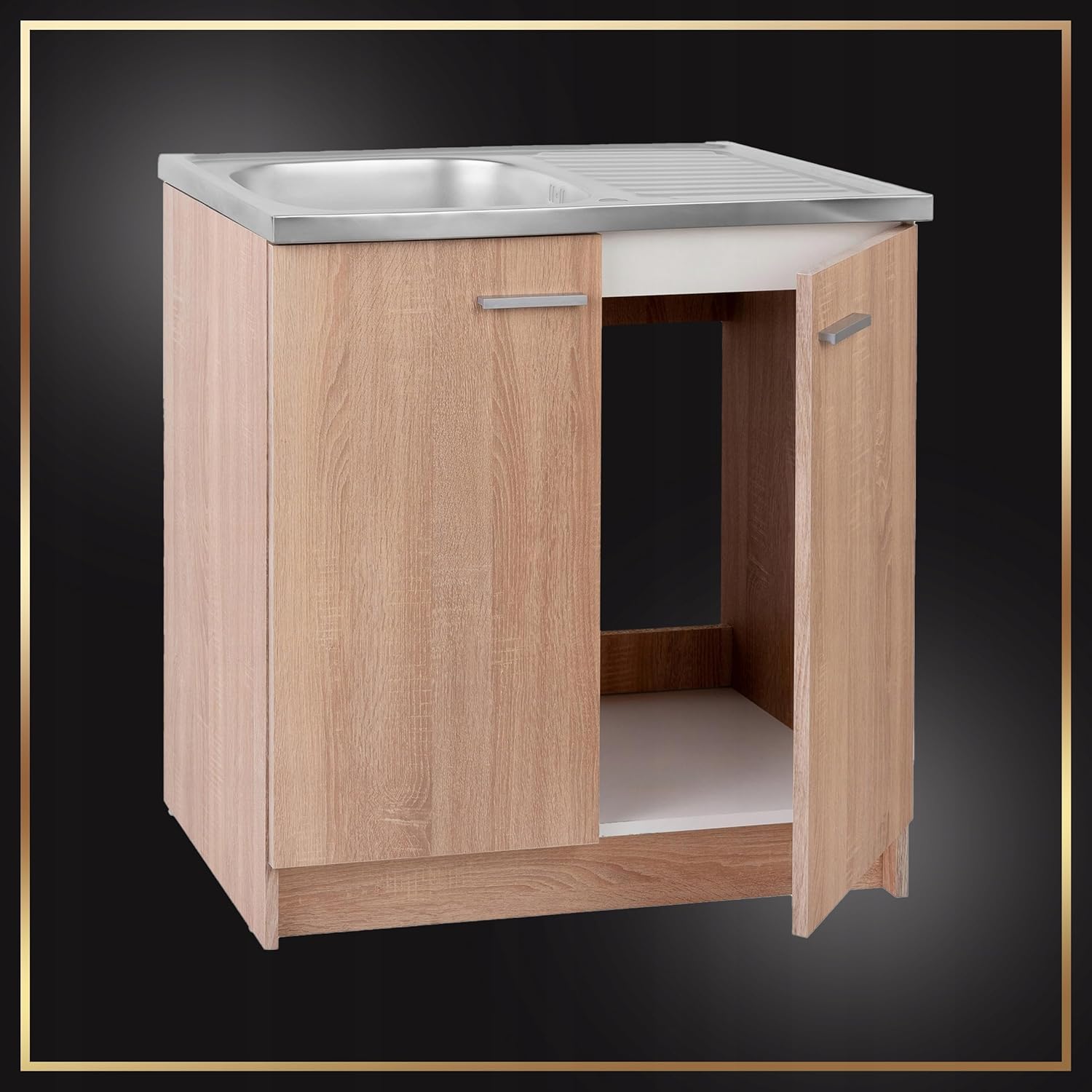 Spülenschrank Küchenschrank 80cm Sonoma Spüle Abtropf Armatur Schwarz Elastisch XXL Standschrank 46cm Tiefe Siphon Geschirrspüler Komplett Montagefertig