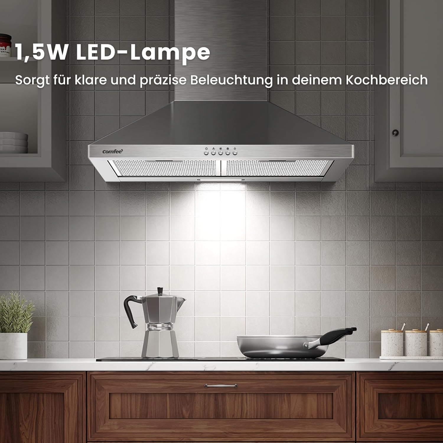 CH60A17EM400SS A++ Dunstabzugshaube 60cm Umluft & Abluft, Wandhaube mit Aktivkohlefilter, 400m³/h Luftstrom, 5 Schichten Waschbarer Fettfilter, Einstellbarer Kamin, Silber