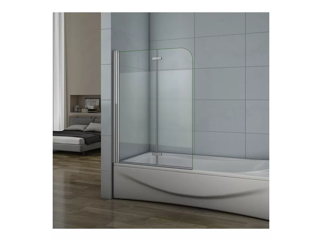 Pare-baignoire 90x140cm pivotant et pliant, paroi de baignoire installé à gauche en verre anticalcaire et sablé au centre
