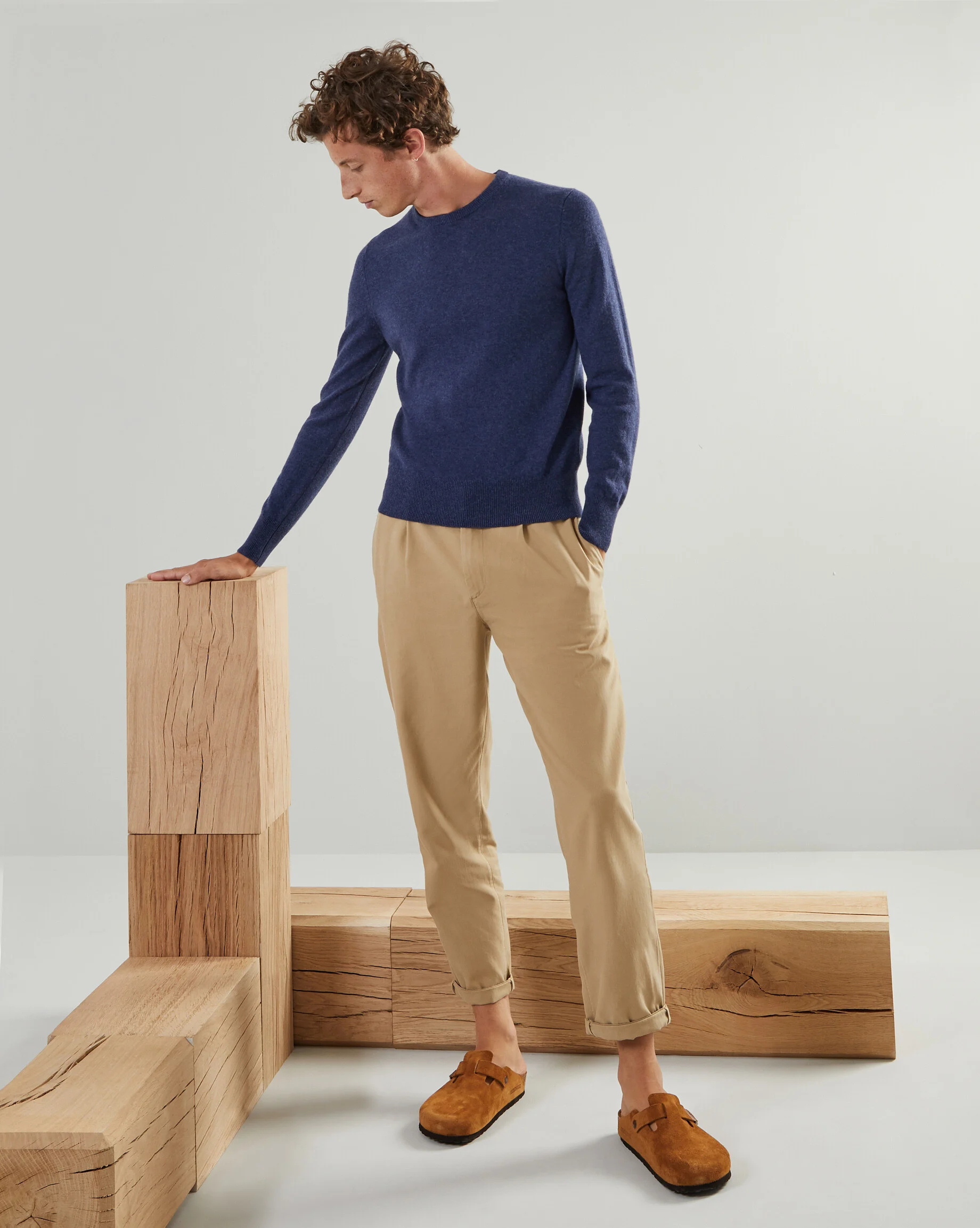 Pull homme col rond en cachemire 2 fils | Bleu