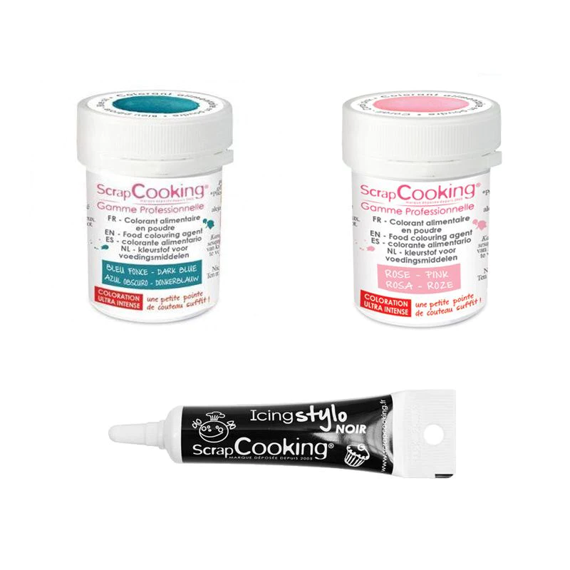 2 colorants alimentaires bleu foncé-rose poudré + Stylo glaçage noir S